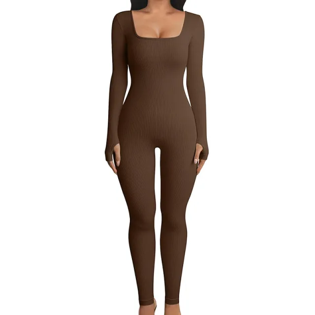 Seamless Double layer Jumpsuit Long sleeved Body Shaper Hip Lifting Yoga Jumpsuit Sports Jumpsuit Bodysuits Double Layer Light Coffee - Shop at LoveMi