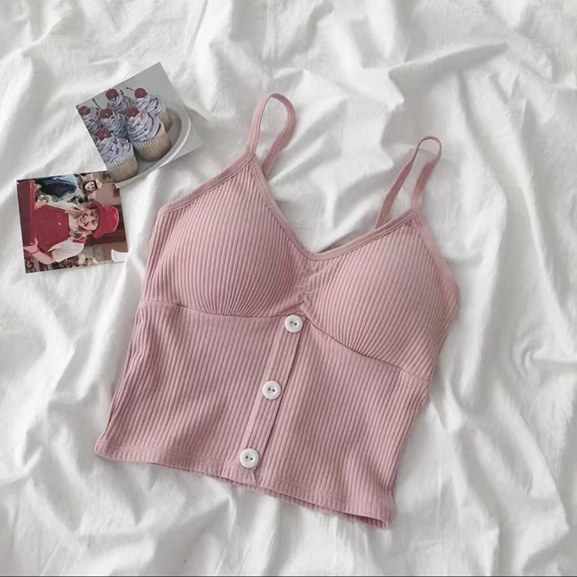 Button Solid Color Camisole Cotton Vest Girl