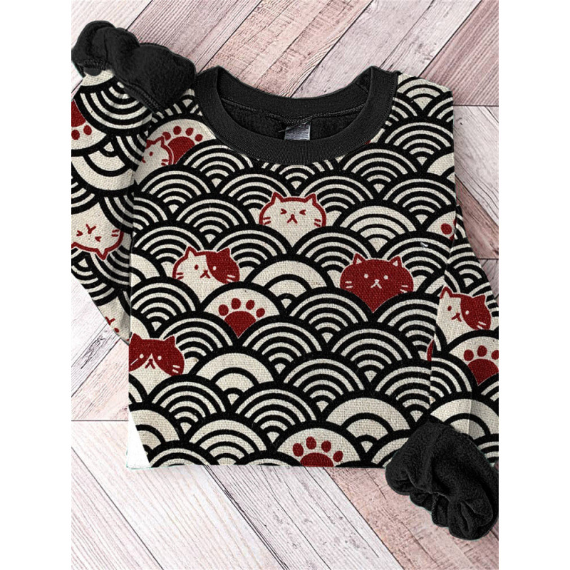 Digital-print Crewneck Long-sleeve Hoodie