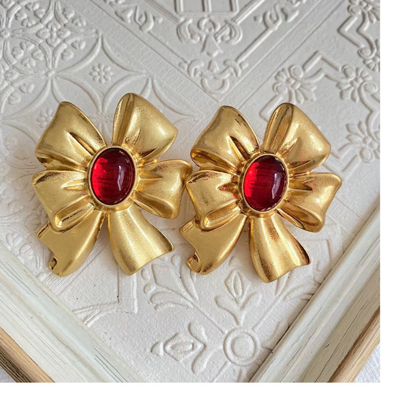 Plain Gold Bowknot Glass Stud Earrings Retro Exaggerated Simple Fashion