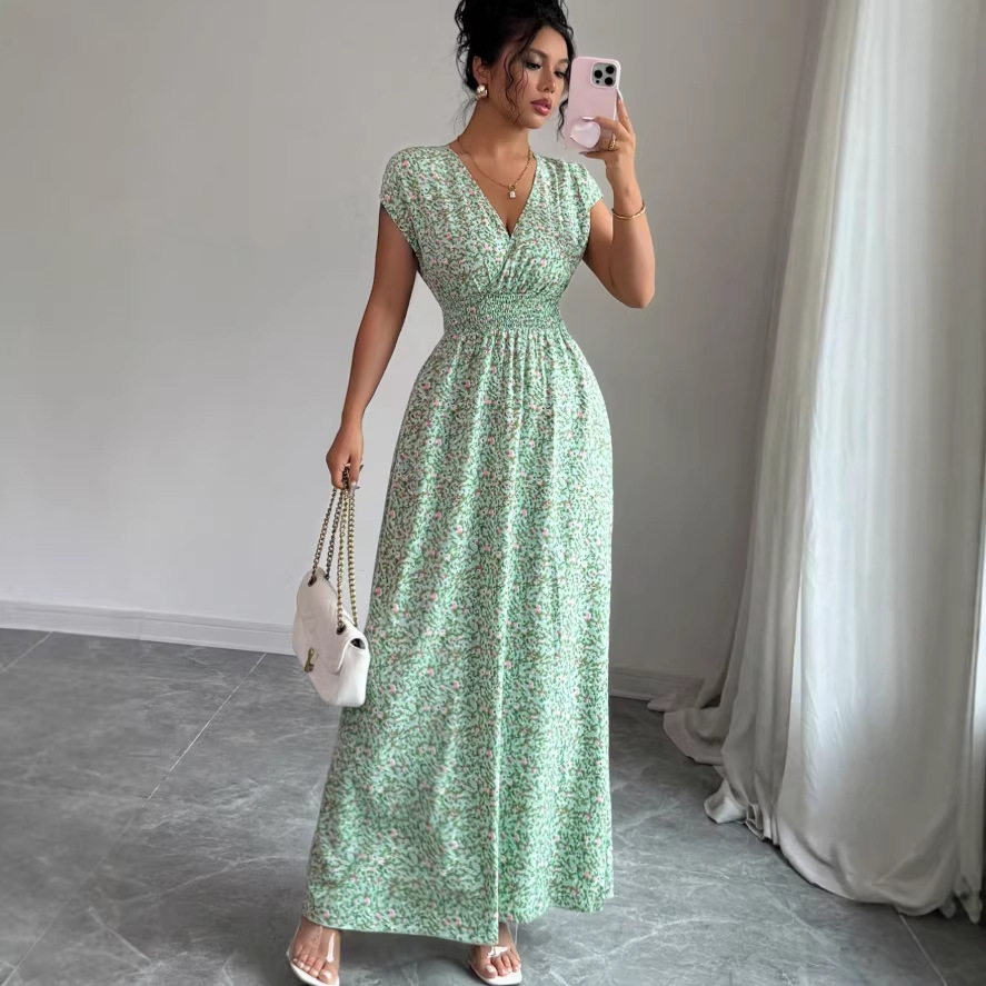 Womens French-style V-neck Summer Slim-fit Figure-flattering Dress