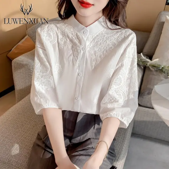 Elegant Embroidery Short sleeved Shirt Top White - Shop at LoveMi