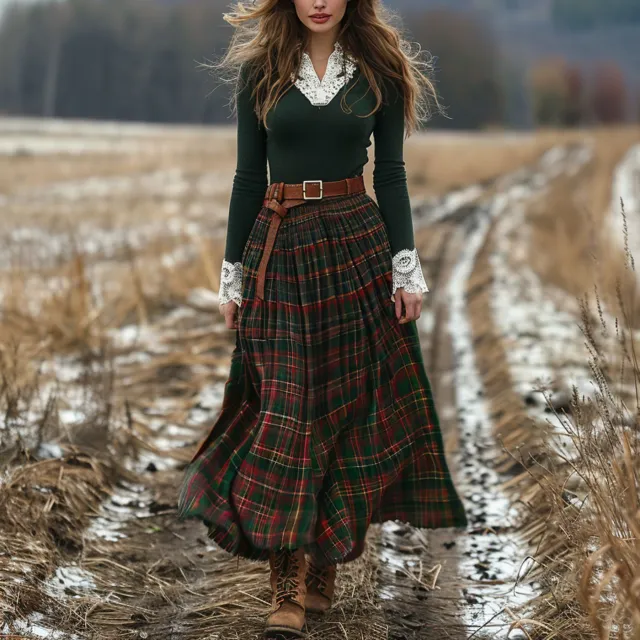 European And American Women's Autumn And Winter Plaid Maxi Dress Retro V neck Long Sleeve Pastoral Style Dress Image Color (Excluding Belt) - Shop at LoveMi