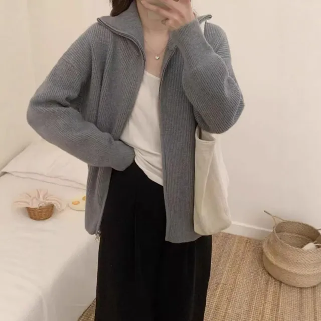 Style Design Double Zipper Knitted Cardigan Fashion Casual Jacket Gray - Shop at LoveMi