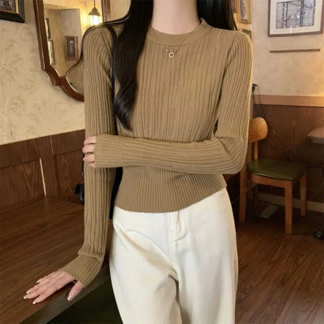 Korean Style Sunken Stripe Round Neck Long Sleeve Sweater Camel - Shop at LoveMi
