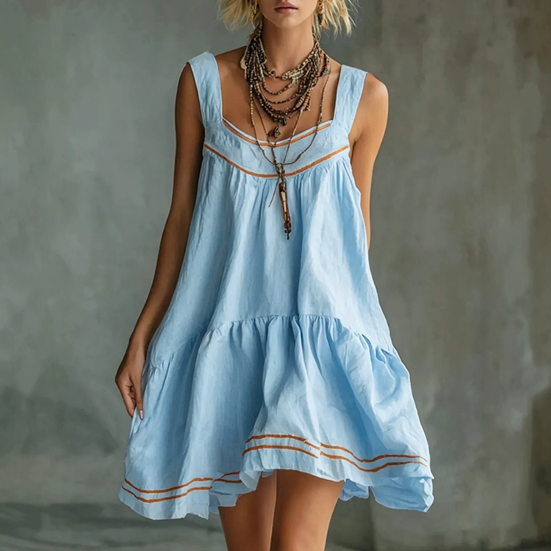 New Retro Casual Chic Embossed Comfortable Solid-color Cotton-linen Mini Slip Dress