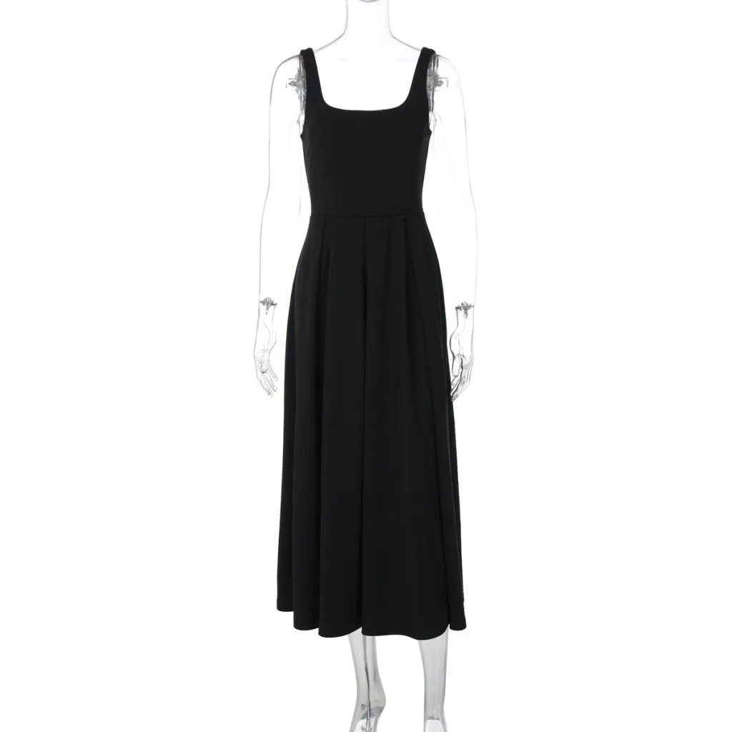 Square Collar Sleeveless Waist-slimming Long Dress Pleated Suspender - Black