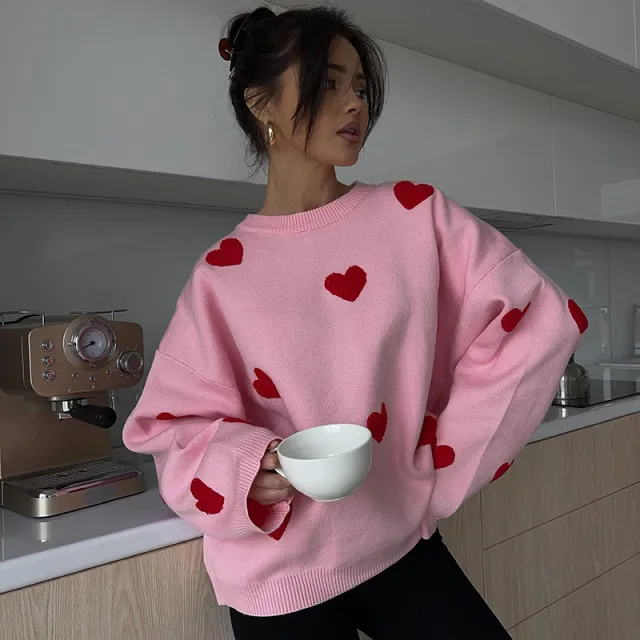 European And American Autumn And Winter New Age reducing Love Soft Glutinous Loose Wool Shirt Pink - Shop at LoveMi