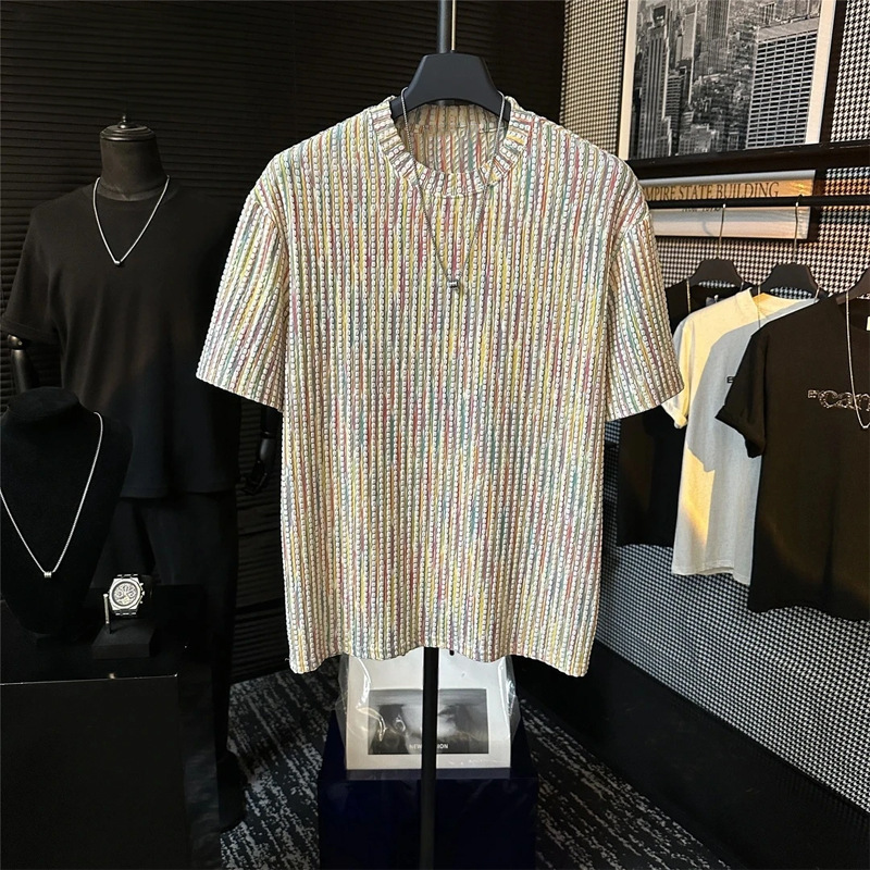 New Old Money Style Jacquard Rainbow Textured Versatile Short-Sleeve Top