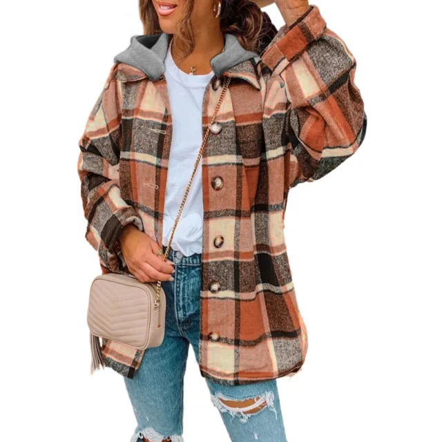 Women's Winter Pure Cotton Plaid Jacket Orange - Shop at LoveMi