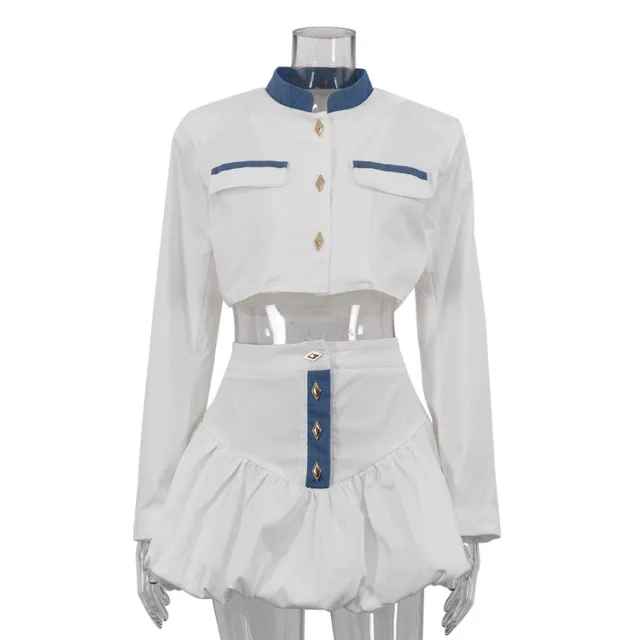 Stand up Collar Long Sleeve Shirt & Bud Skirt Two piece Set White - Shop at LoveMi