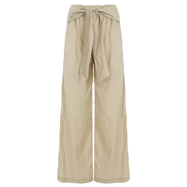 Womens Casual Minimalist High Waisted Drapey Straight Leg Pants Khaki - Shop at LoveMi