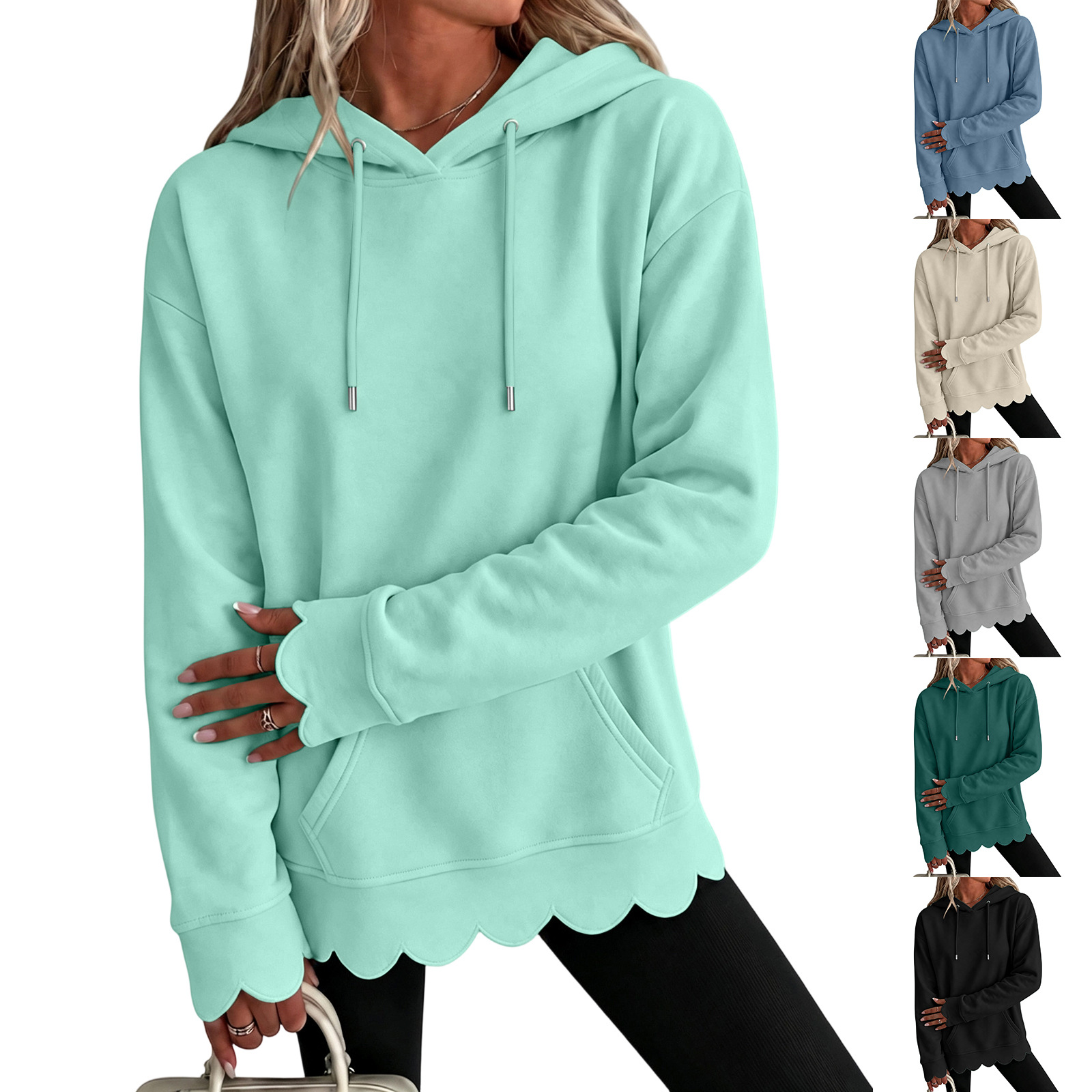 Loose-fit Long-sleeve Pullover With Drawstring Wavy Hem And Kangaroo Pocket