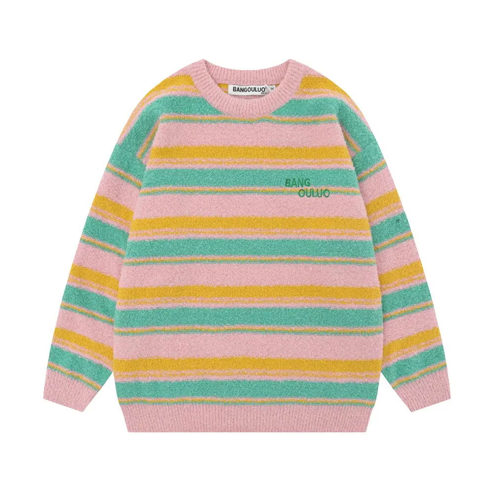 Contrast Color Striped Round Neck Sweater Loose Women
