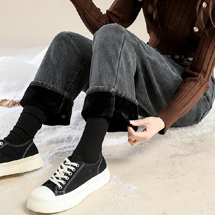 Thickened Straight Loose Wide Leg Denim Pants - Black