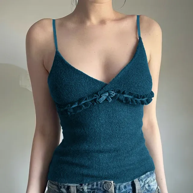 Y2g Top Women's Solid Color Slim Flower Knitted Sling Women Green - Shop at LoveMi