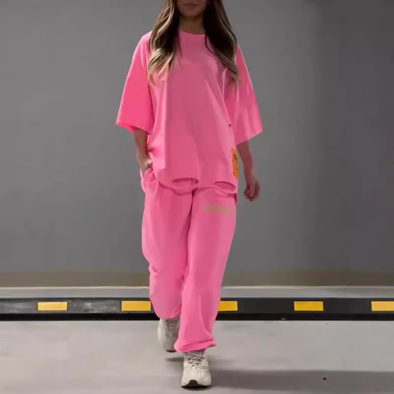 Loose Hollow Crew Neck T-shirt Top Pants Suit Two-piece Set