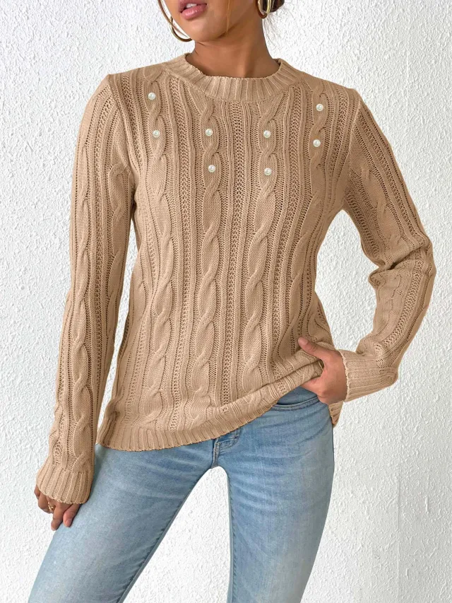 Women's Simple Pearl Beaded Sweater Khaki - Shop at LoveMi