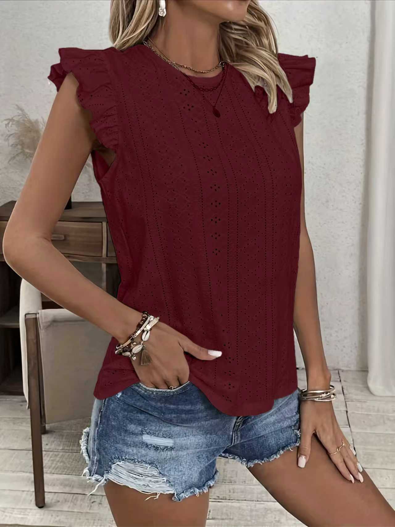 Womens Solid-Color Top With Ruffle Sleeves And Back Tie 17380fcf A839 4c3f 98bd 1e92e00b30ad