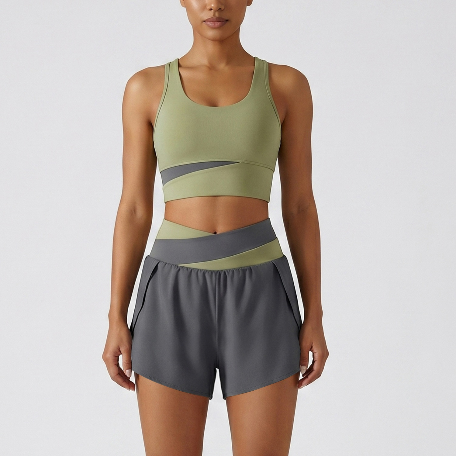 Color-block Sports Top And Shorts Set For Women