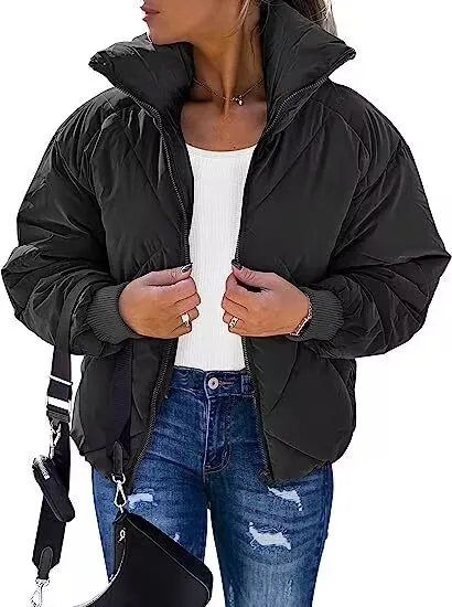 Women's Long Sleeve Zipper Winter Quilted Short Cotton Jacket Women's Bread Black - Shop at LoveMi