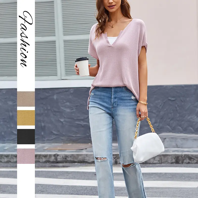 V-neck Loose-fit Plus-size Casual Pullover Short-sleeve Knit