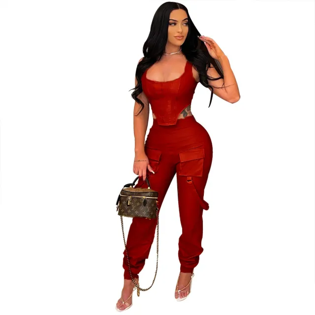 Solid Color Sleeveless Top Blouse And Pants Red - Shop at LoveMi