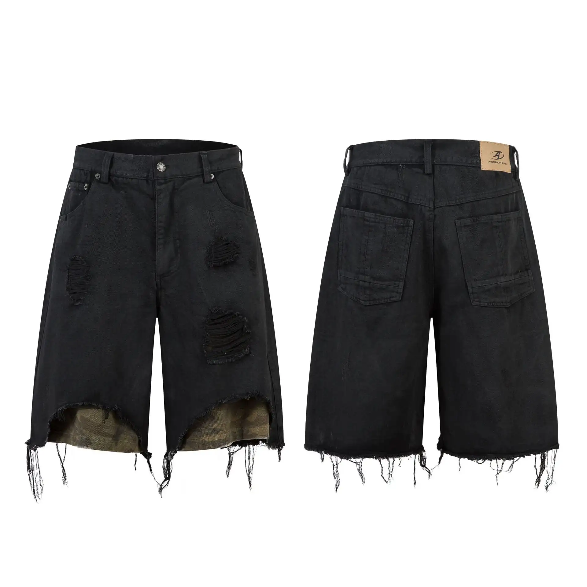 High-grade RO Style Cropped Pants Men's Street Washed Broken Denim Middle Pants Straight