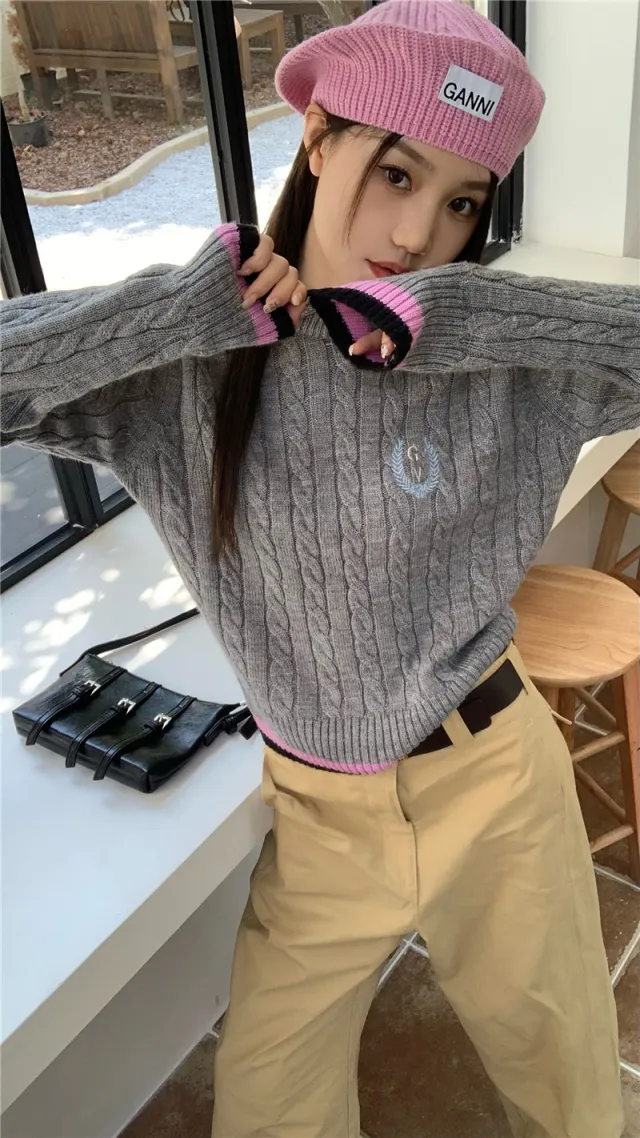 Contrast Color Twist Long Sleeve Bottoming Sweater Slimming Sense Of Design Top Versatile Gray - Shop at LoveMi