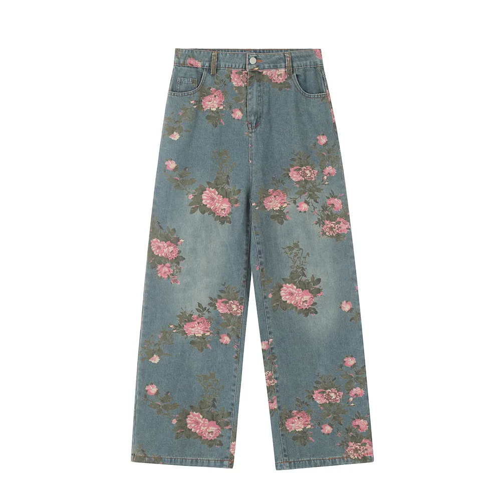 Men's Full Printed Rose Denim Trousers