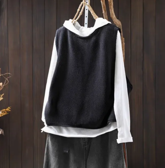 Retro Casual Round Neck Pullover Knitted Cotton Vest Black - Shop at LoveMi