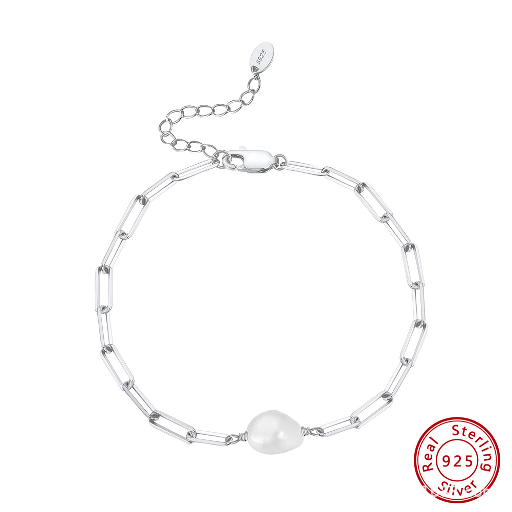 Paperclip Chain Natural Baroque Pearl S925 Silver Bracelet