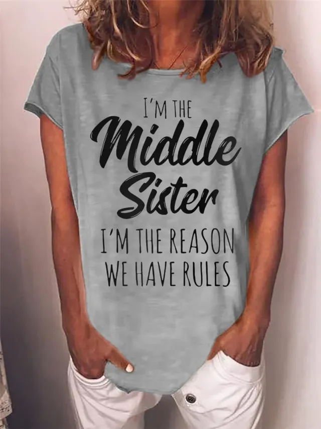 Letter Flower Print Short Sleeve Round Neck T shirt Women's Comfortable Fashion Tops Gray - Shop at LoveMi