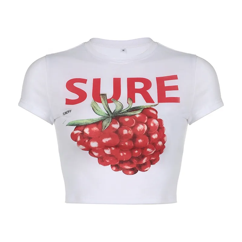 Women's Sweet And Spicy Retro Strawberry Printed Crew Neck Top T-shirt - White