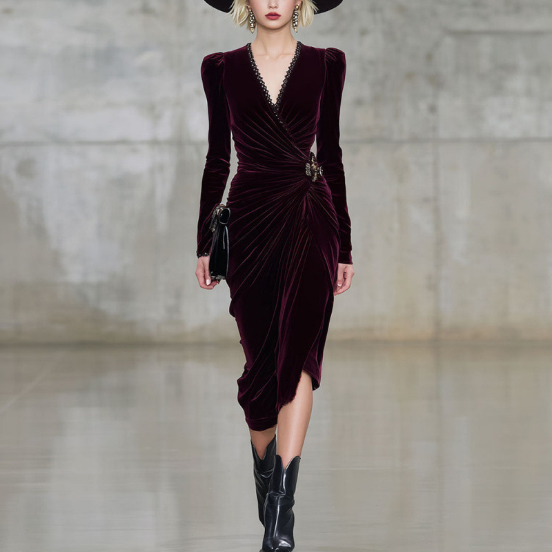 V neck Sexy Long sleeve Figure flattering Pleated Velvet Sheath Dress Dark Red - Shop at LoveMi