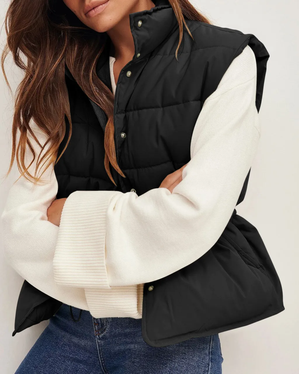 Women's Stand Collar Single-breasted Cotton Vest - Black