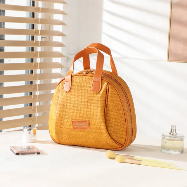 Pu Woven Pattern Cosmetic Capacity Portable Storage Bag Double Zipper Yellow - Shop at LoveMi