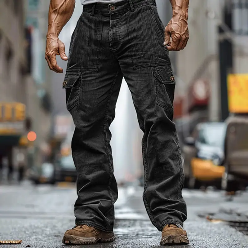Corduroy Wear-resistant Casual Elastic Waist Multi-pocket Pure Color Comfort Men's Overalls