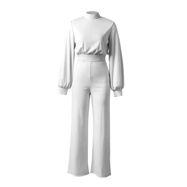 Women's Solid Color Turtleneck Backless Long Sleeves Casual One piece Trousers White - Shop at LoveMi