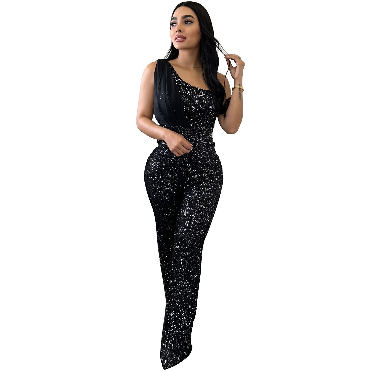 Women's Solid Color Sleeveless One-shoulder Sequined Trousers Jumpsuit - Image 5