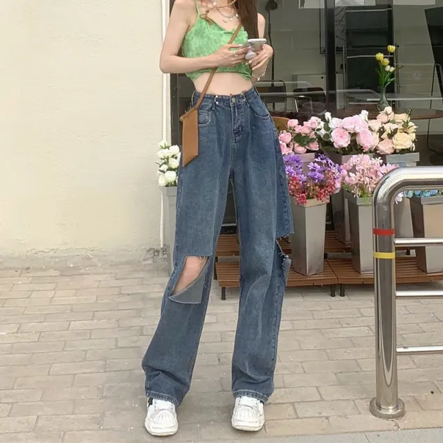 Ripped Wide legged Jeans Women's Straight Loose High Waist Retro Blue Ripped Model - Shop at LoveMi