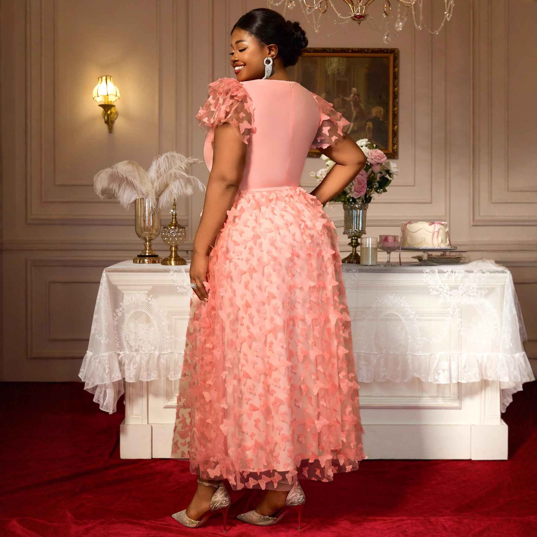 V-neck Butterfly Decoration Ruffle Sleeve Wedding Banquet Party Dress