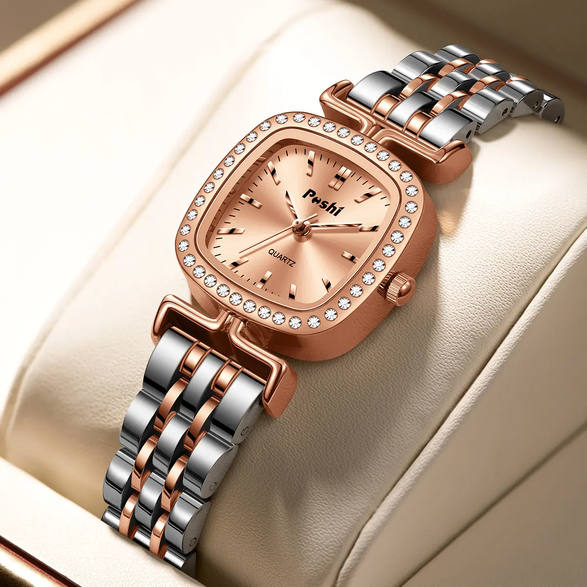 Diamond-encrusted Dial Oval-shaped Steel Bracelet Quartz Womens