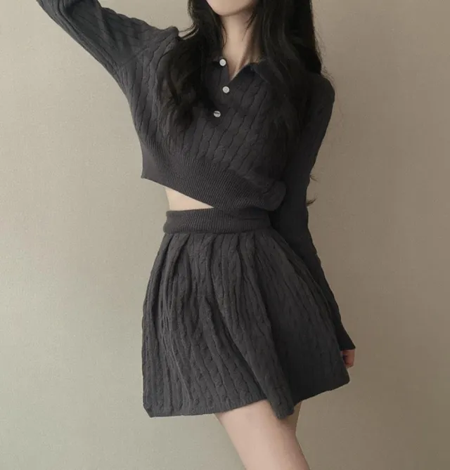 Cute Knitted Sweater Pleated Skirt Slimming Slim Fit Suit Black - Shop at LoveMi
