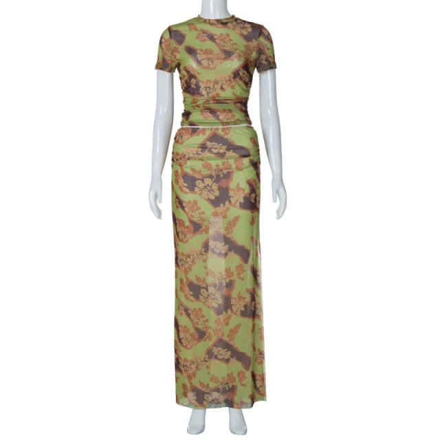 Floral Printed Mesh T shirt Sheath Slim Temperament Spring Dress Suit Color - Shop at LoveMi