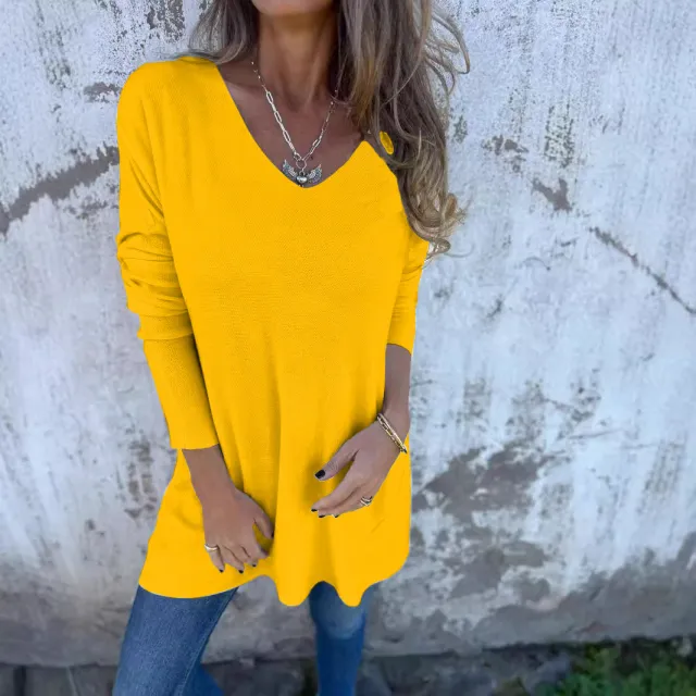 Solid Color V neck Knitted Sweater Loose Top Women's Clothing Yellow - Shop at LoveMi