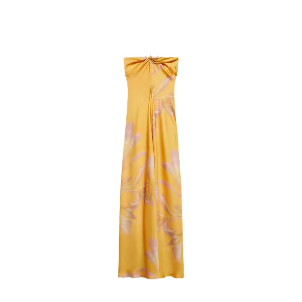 Yellow Printings Satin Dress Sleeveless Halter