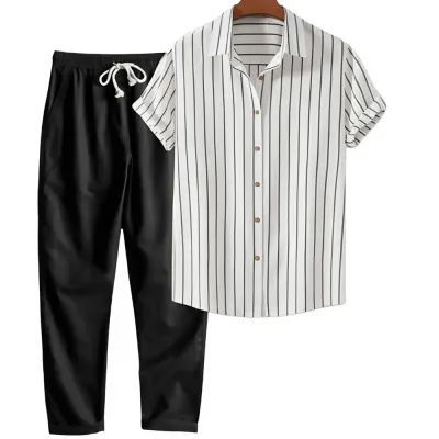 Printed Loose Short Sleeve Shirt Trousers Suit Men's Casual Suit
