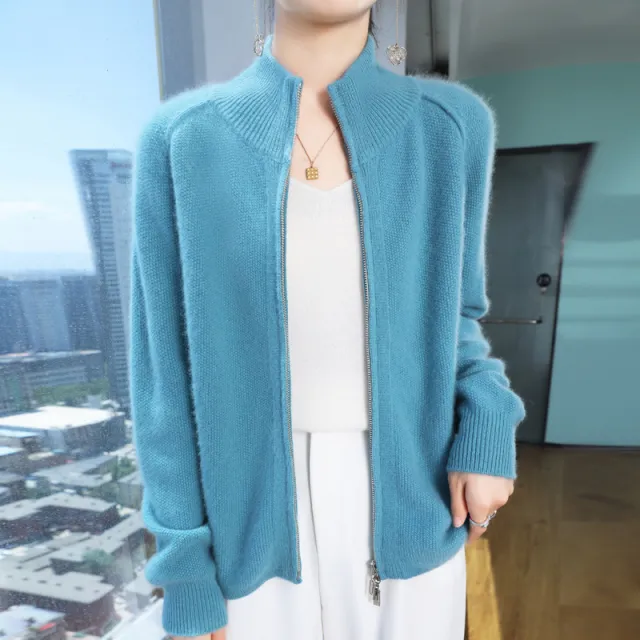 Seven pin Thickened Double Zipper Half Turtleneck Knitted Cardigan Coat Sweater Lake Blue - Shop at LoveMi