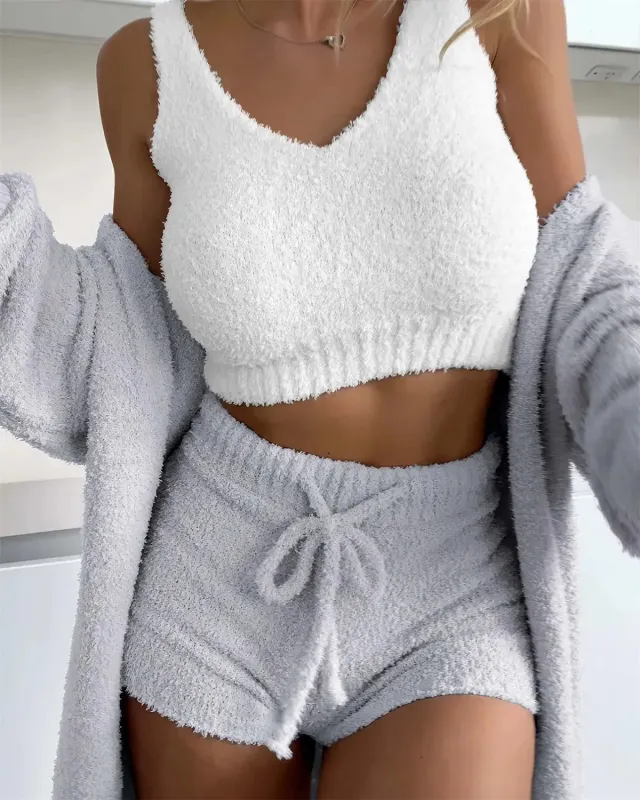 Thermal Three piece Fluff Coat Spaghetti Strap Short Top Shorts Suit Gray - Shop at LoveMi